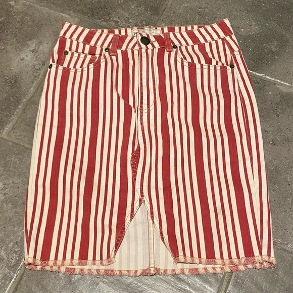 Free People Dresses & Skirts - Free People Red Stripe Mini Denim Pencil Skirt Raw Hem Front Slit Western SZ 27